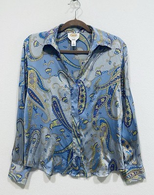 Talbots Top Womens 8 Vibrant Paisley Stretch Satin Silk Button Up Y2K Artsy Boho