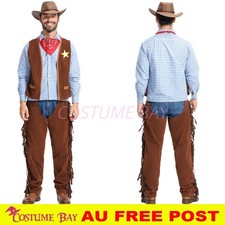 Mens Cowboy Costume Wild West Vest Chaps Outfit Adult Fancy Dress Book Week AU
