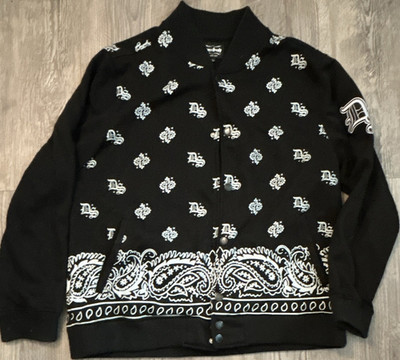 Dogg Supply Men's Black Paisley Snap Bomber Jacket Stand-Up Collar Size L