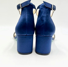 Betsey Johnson Women s Blue Satin Strappy Open Toe Ankle Strap Block Heel 7.5