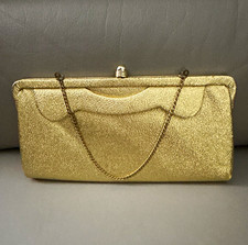 Gold Metallic Clutch Evening Bag w/ Chain Strap, Clasp Closure, Lined