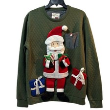 3D Ugly Christmas Sweater Santa Reindeer Gifts Unisex XL Olive Green Upcycle