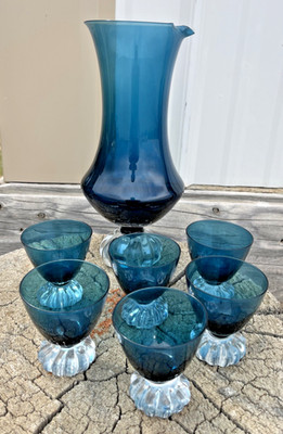 Retro Barware Blue MCM Glassware Bo Borgström Aseda Glasbruk Sweden Decanter Set