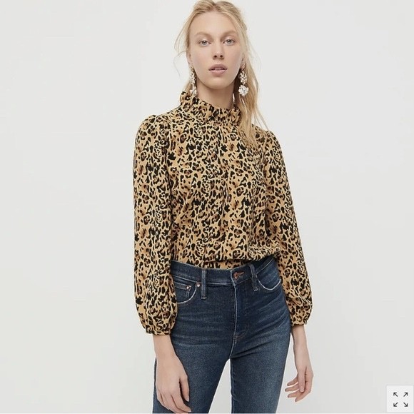 J.CREW Long Sleeve Ruffle Neck Animal Print Blouse Small