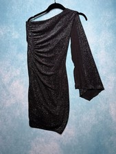 Halston Women's S Black Metallic One Shoulder Ruched Mini Cocktail Dress