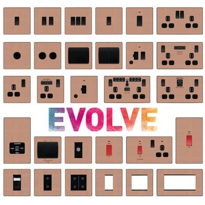 BG Evolve poliertes Kupfer schraubenlose Schalter & Steckdosen schwarze Einsätze Vollsortiment