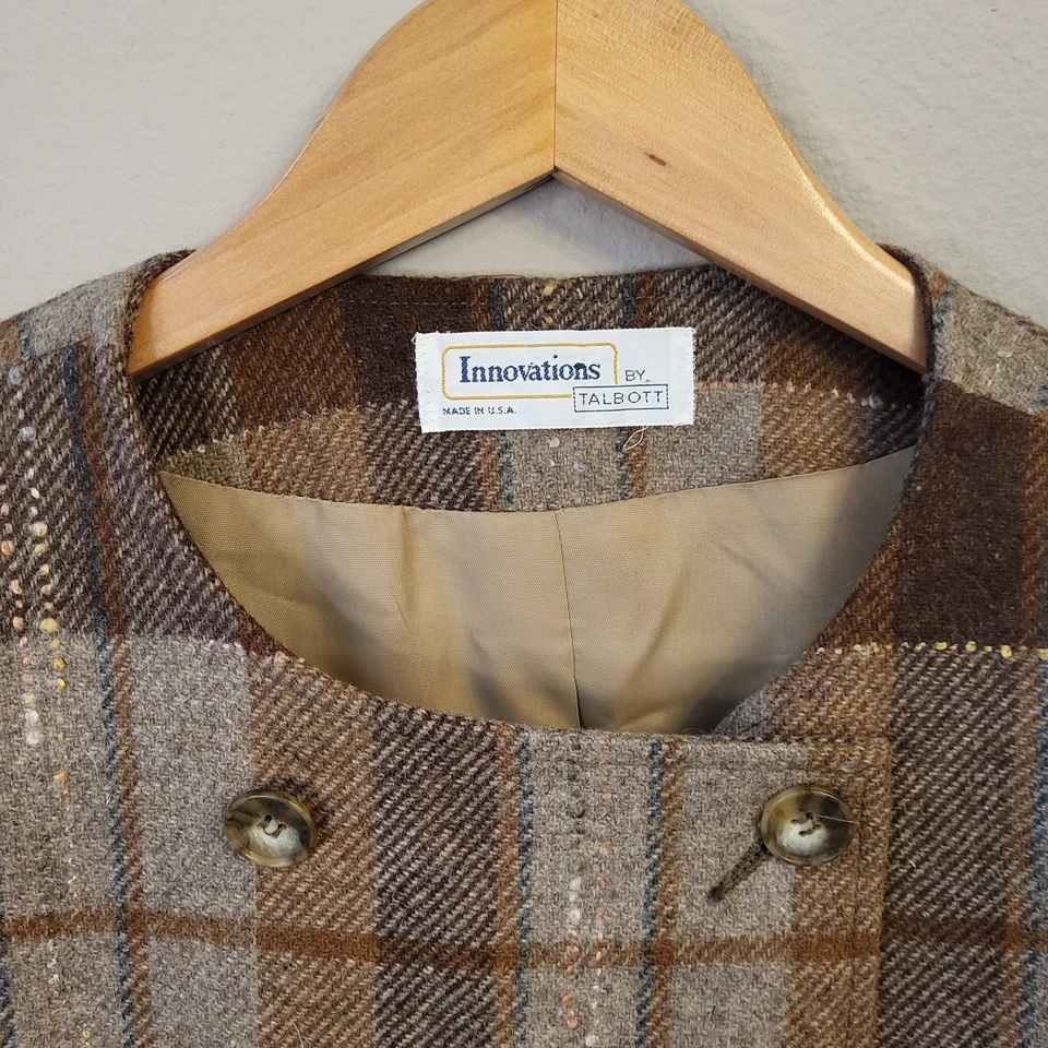 VTG 70s Brown Plaid 100% Wool Blazer Jacket Fits M/L Collarless Pockets Academia - Image 3 of 4