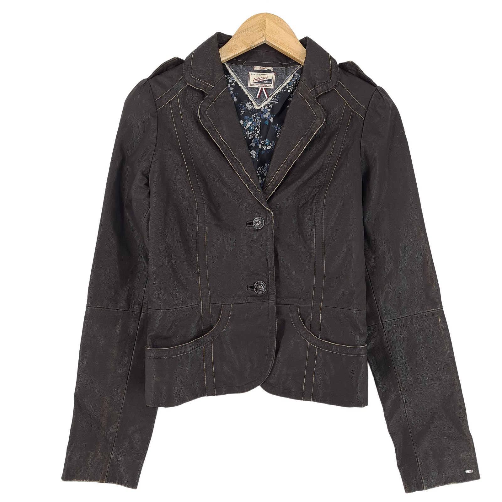 Tommy Hilfiger Leather Jacket Brown Button Up Classic Premium Women Jh9 Size S