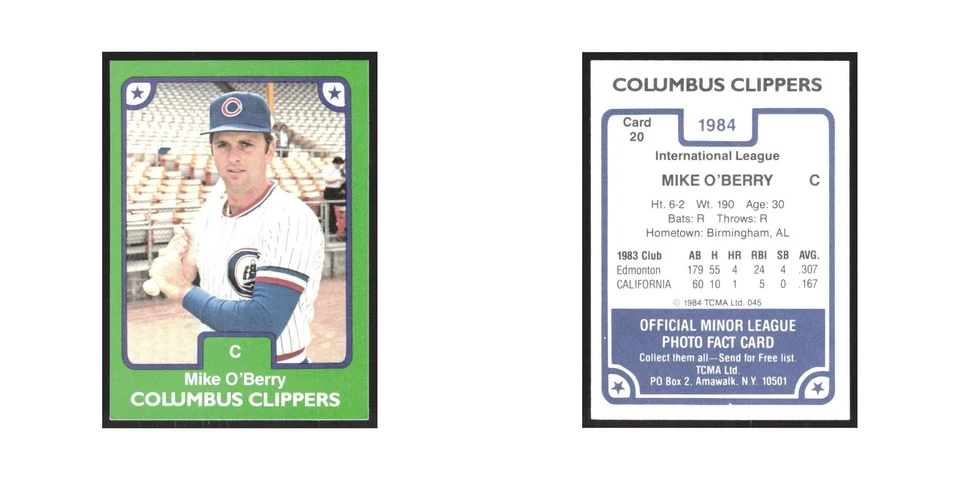 1984 TCMA Minor League Mike O'Berry Columbus Clippers #20.0 - Image 3 of 3