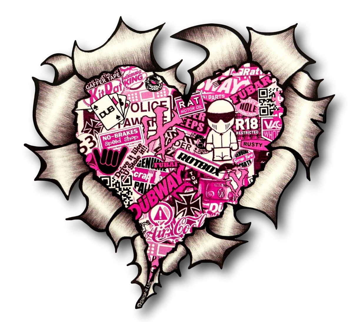 Ripped Torn Metal Look HEART With PINK JDM Style Stickerbomb vinyl car  sticker