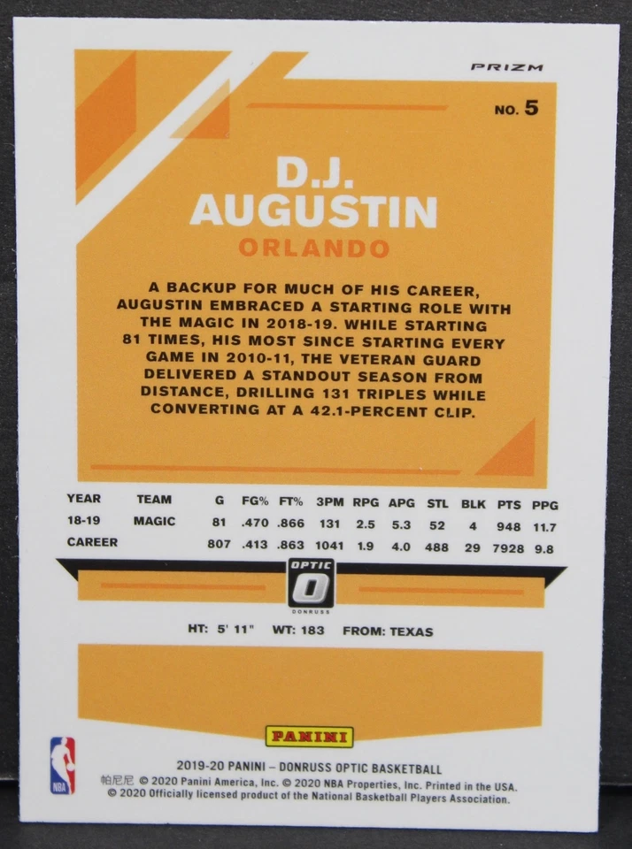 2019-20 Donruss Optic DJ Augustin Blue Velocity Prizm Card #5 Orlando Magic - Image 2 of 4