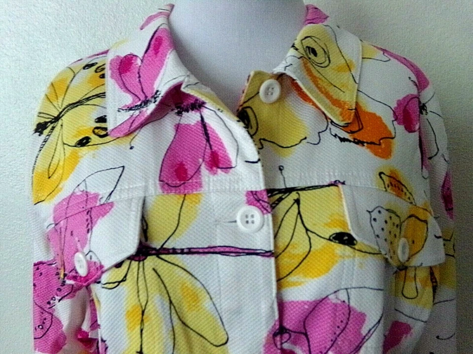 ERIN WOMENS BUTTON UP JACKET WHITE PINK YELLOW BUTTERFLIES POCKETS COTTON X-LRG - Image 4 of 4