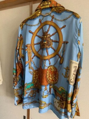Hermes Paris Silk Scarf Print Shirt Long Sleeves Blouse Blue