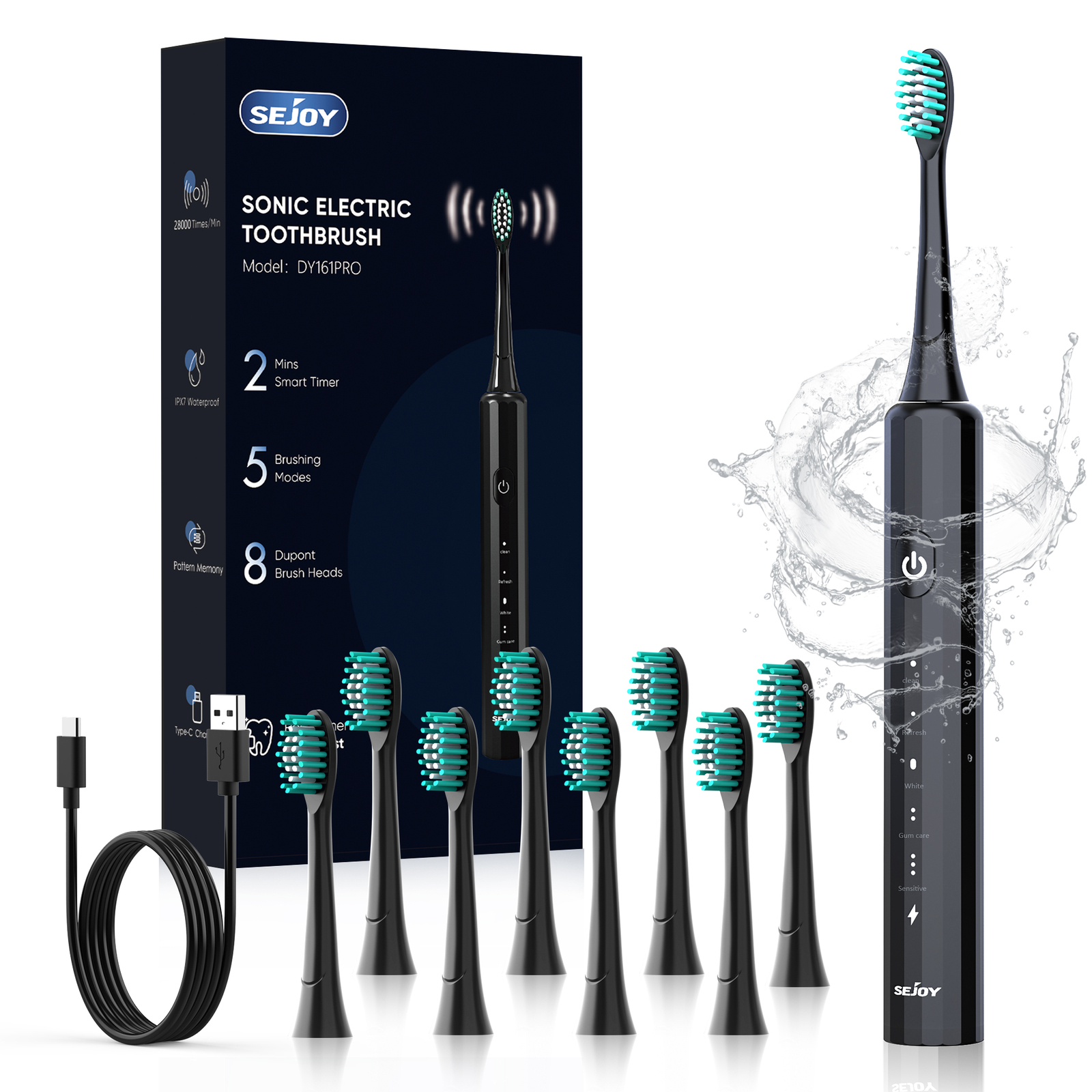 SEJOY Sonic Electric Toothbrush Rechargeable Power 8 Brush Heads 5 Modes Timer
