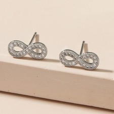 Shiny 925 Sterling Silver CZ Infinity Stud Earrings Women Girl Gift Gold Plated