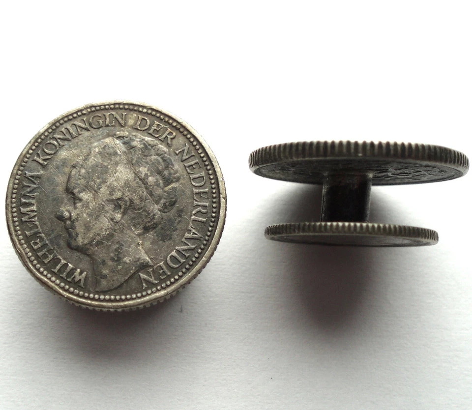 NETHERLANDS SILVER COINS CUFFLINKS Wilhelmina 10-25 Cents 1926-1945. B14 - Image 2 of 4