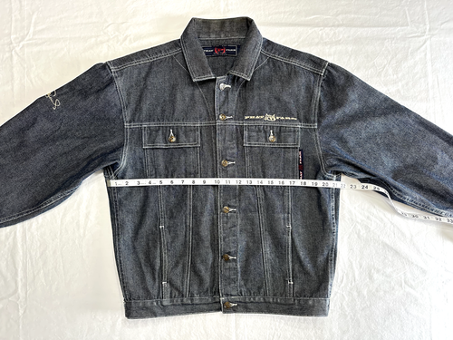 Phat Farm Vintage Y2K Denim Jean Jacket Flag Embroidery Button Up Large (14/16) - Picture 3 of 8