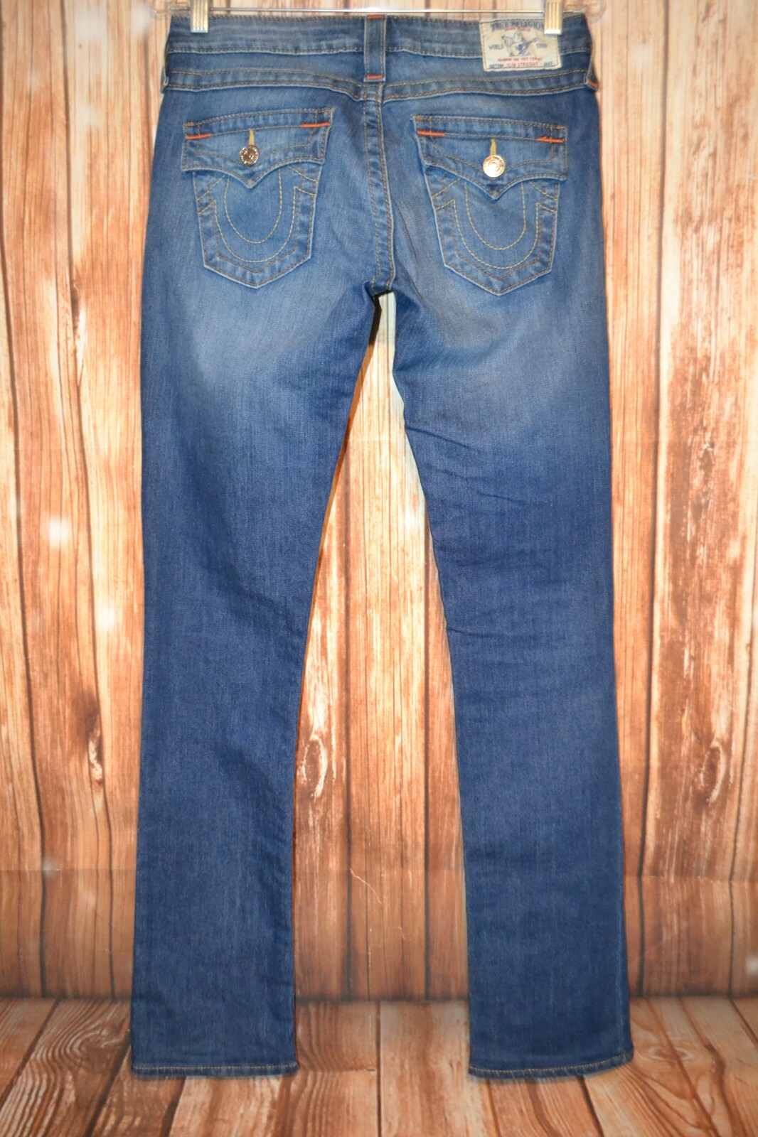 True Religion Women's Slim Straight Pocket Flaps Blue Denim Jeans Sz 28x33 thumbnail 6