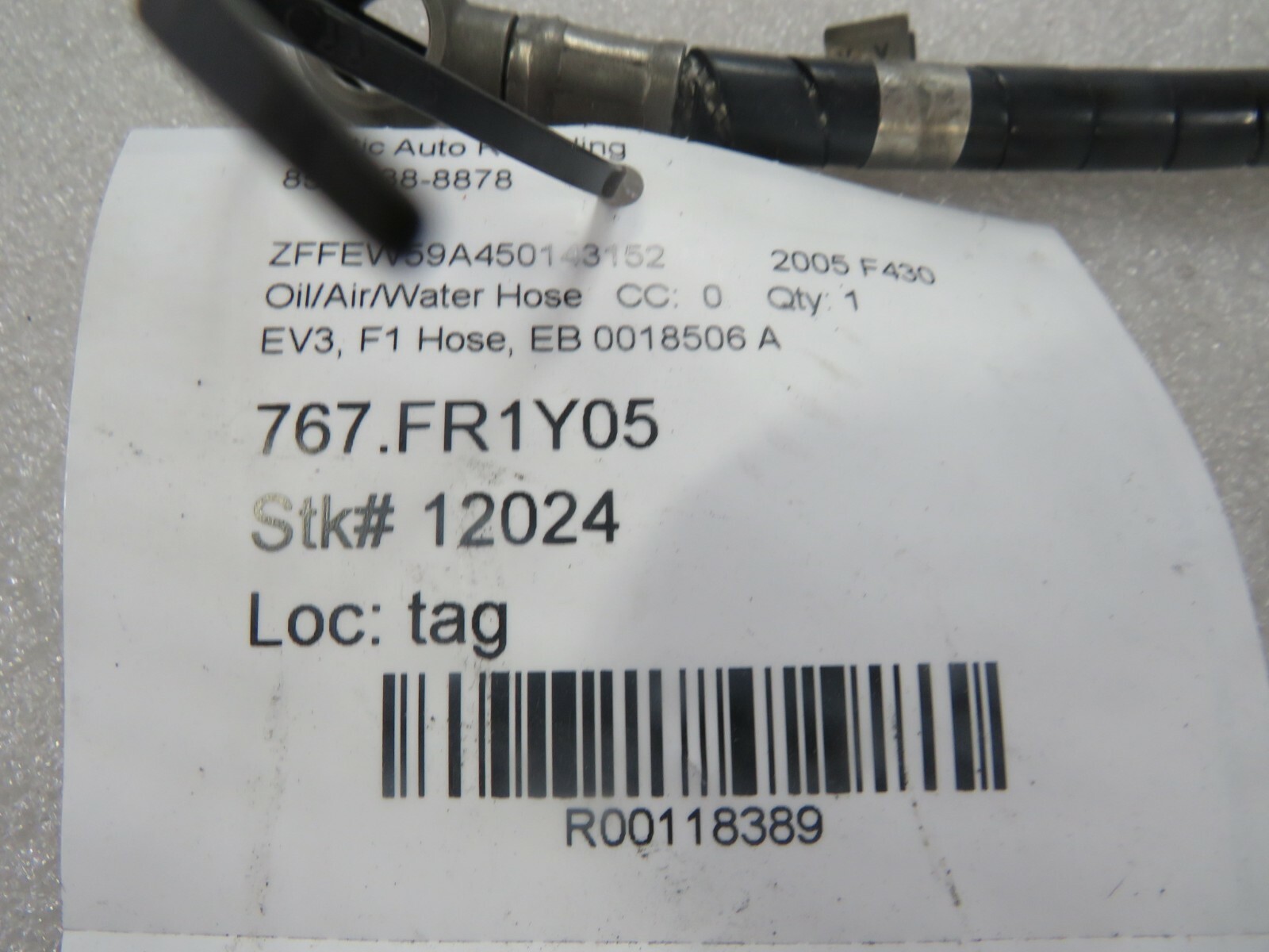 Ferrari F430, EV3 F1 Hose, Used, P/N 0018506 A