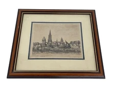 Antique steel engraving on paper Ulm at The Danube with Wood Frame & Glass Inser