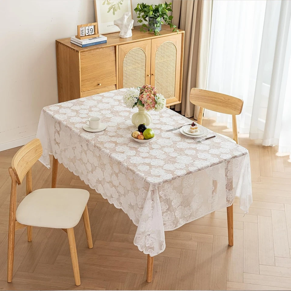 White Embroidered Lace Tablecloth Dining Table Cloth Wedding Party Dinner Decor - Image 4 of 4