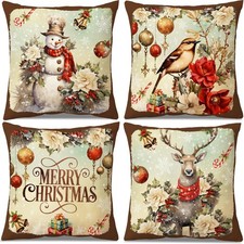 Christmas Decorations Indoor Pillow Covers 18x18 Set of 4 Snowman Deer Christmas