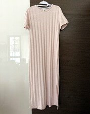 H&M MAMA Maternity Ribbed Midi Dress Stretch Beige Marl Size M UK 12-14