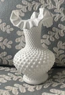 Double Stamped FENTON White Hobnail 10.75" High Ruffled Crimped Top Vase - Nice!
