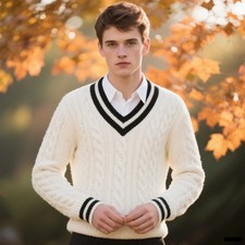 Stylish men's white V-neck sweater with colorful black trim at the neckline - id