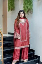 New Launch German Chiffon Red Kurta Palazzo With Dupatta For Festival Wear