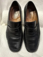 Santoni Black Leather Penny Loafers, Men’s Size 10