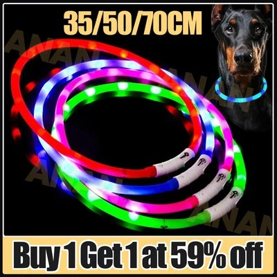 LED Dog Pet Collar USB Rechargeable Flashing Luminous Safety Night Light Up UK - Image 1 of 4