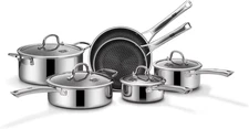 SNOWCLAD Pots and Pans Set Non Stick, 10 Pcs Hybrid Stainless Steel Cookware Set