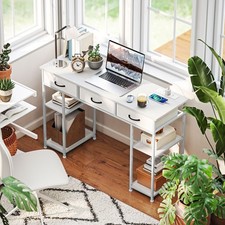 Computer Desk with Power Outlets, Fabric Drawers, Storage Shelves