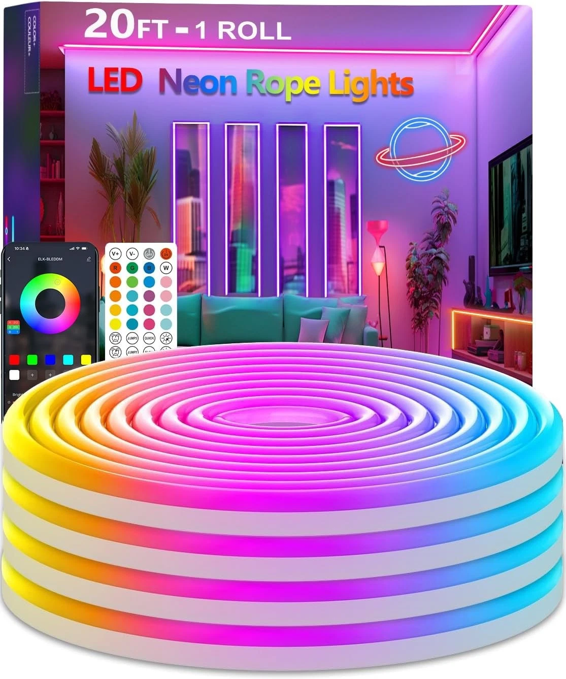 20Ft Neon Rope Lights,Flexible 20FT Lights, RGB (Red, Green, Blue)