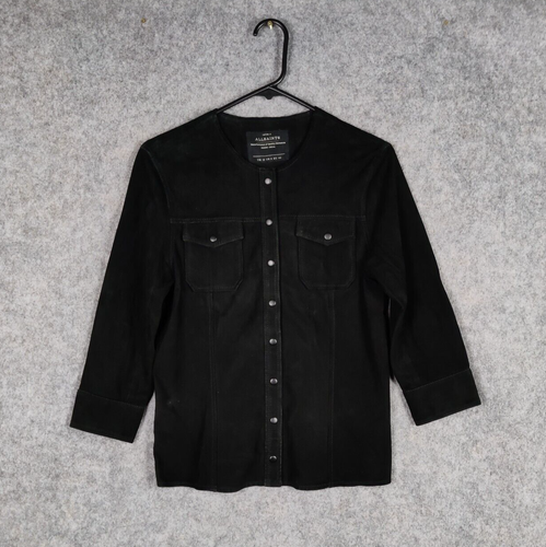 Allsaints Jacket Womens Size UK 12 Black Suede Lightweight Shirt Snap 3/4 Sleeve