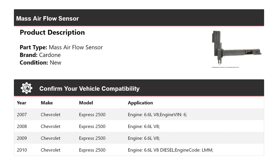 Sensor de flujo de aire másico Cardone 2008 2009 para Chevrolet Express 2500 2007-2010 Foto 2 de 4