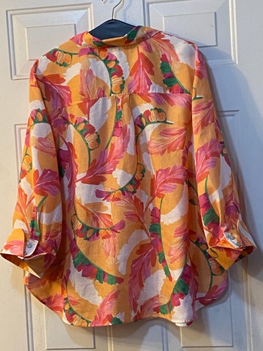 Chico's Sz 4 (20) Womens 100% Linen Blouse Shirt 3/4 Sleeve Orange/Pink Floral - Picture 7 of 10