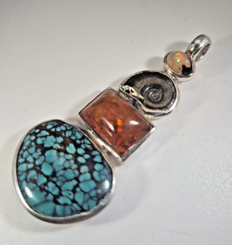 Anhänger Feueropal Ammonit Bernstein Türkis Spiderweb Silber 925 Unikat 271 - Bild 3 von 4