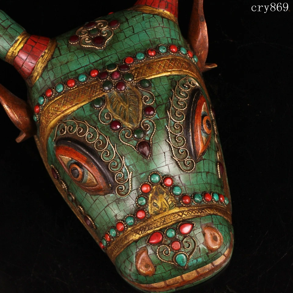 Templo do Tibete Jokhang antigo cobre puro incrustado com pedras preciosas estátua de cabeça de boi - Imagem 4 de 4