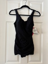 Vintage 1970's Roxanne Black Full Coverage One Piece Swimsuit Ruching Sz 12 34 D