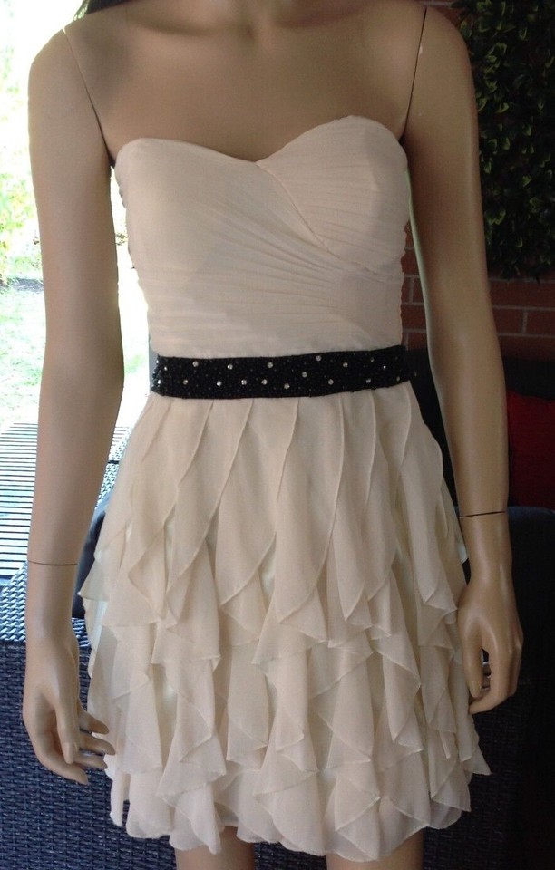 Dotti Size 10 Ivory White Black Silver Beads Mini A line Strapless Dress Party