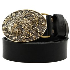 Leather belt with brass buckle Capricorn, Sea Goat, Astrological Zodiac sign