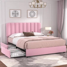Full Size Upholstered Bed Frame with 4 Drawers and Headboard, Velvet Platform St