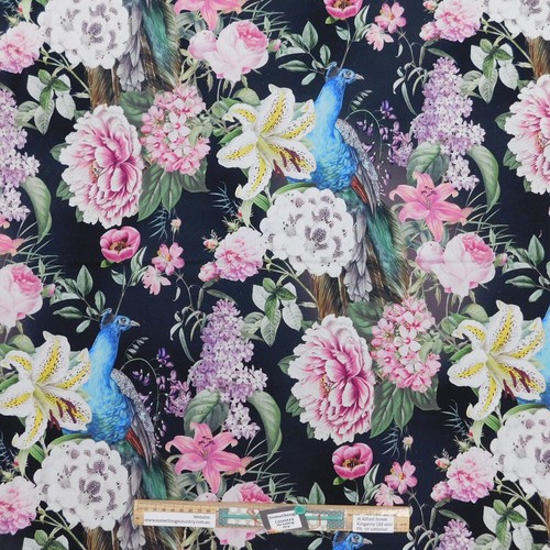 Patchwork Fabric Peacock Floral Black 1/2m Cut 50x137cm Linen Blend - Picture 2 of 8