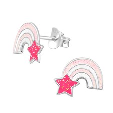 925 Sterling Silver Rainbow Star Fuchsia Pink Glitter Kids Girls Stud Earrings