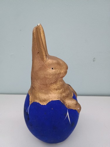 Vintage Easter Composition composite Gold Bunny in blue Egg 6" tall Germany ? - Picture 4 of 6