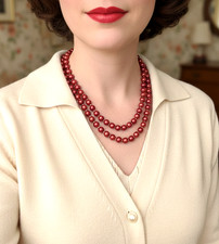 🩷COLLANA LUNGA VINTAGE PERLE ROSSO GRANATO CERATE STILE CHANEL ANNI 50