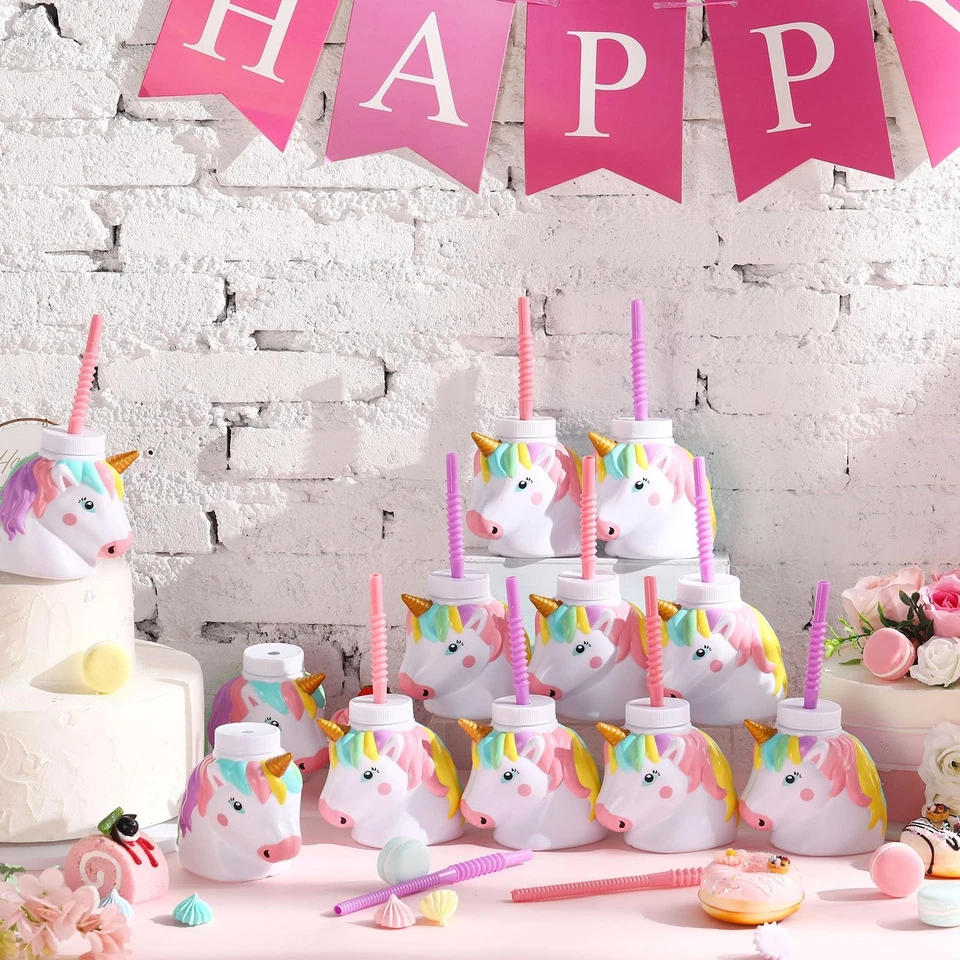 Juego de 12 tazas de regalo con pajitas para fiesta de cumpleaños unicornio, 10 oz plástico uni... Foto 4 de 4
