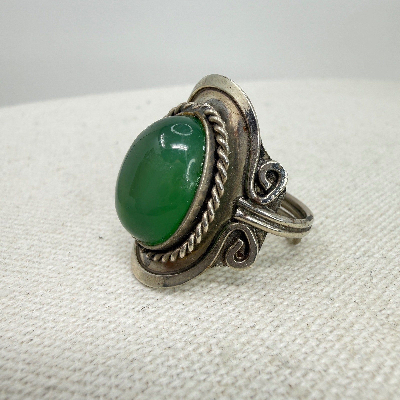 Statement Ring Green Cabochon Stone Adjustable Ba… - image 1